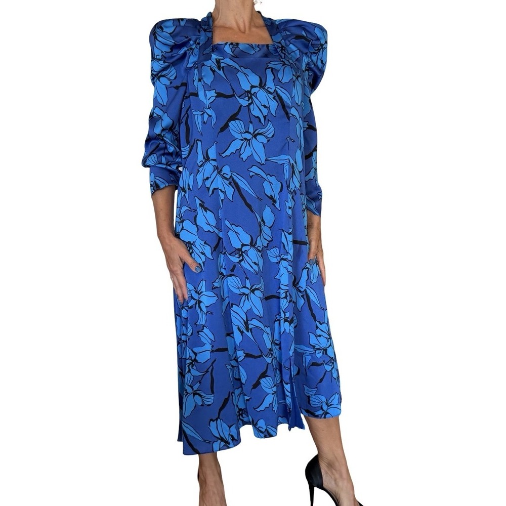 Black Halo 12 Mirabel Dress  Puff Sleeve Blue Blossom Floral Midi Romantic  READ
